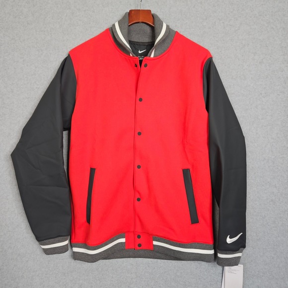 Nike Team Letterman Bomber Jacket Men's Sz M Red Black Snap Front DJ5971-657 New